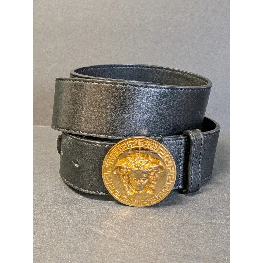 Versace Men's Belt Gold Medusa Buckle Black Calfskin Leather Belt **As Is See